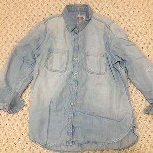 Soft, faux denim button down boyfriend style top